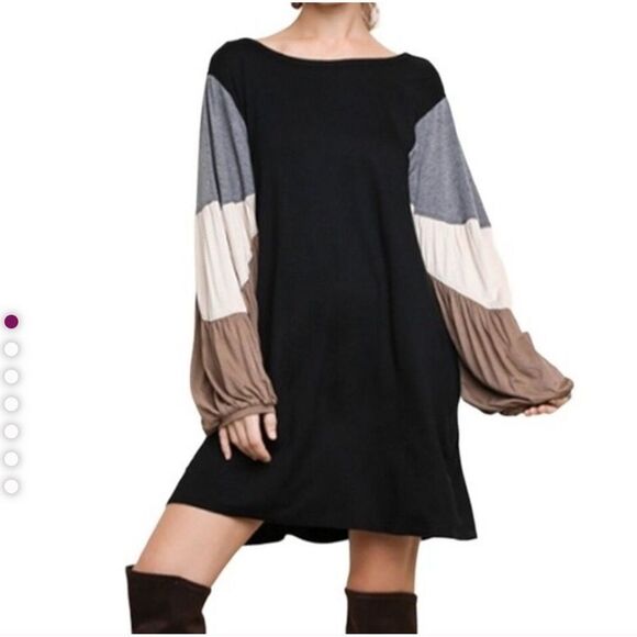 UMGEE Boho Black Balloon Sleeve Dress Pockets - Picture 1 of 8